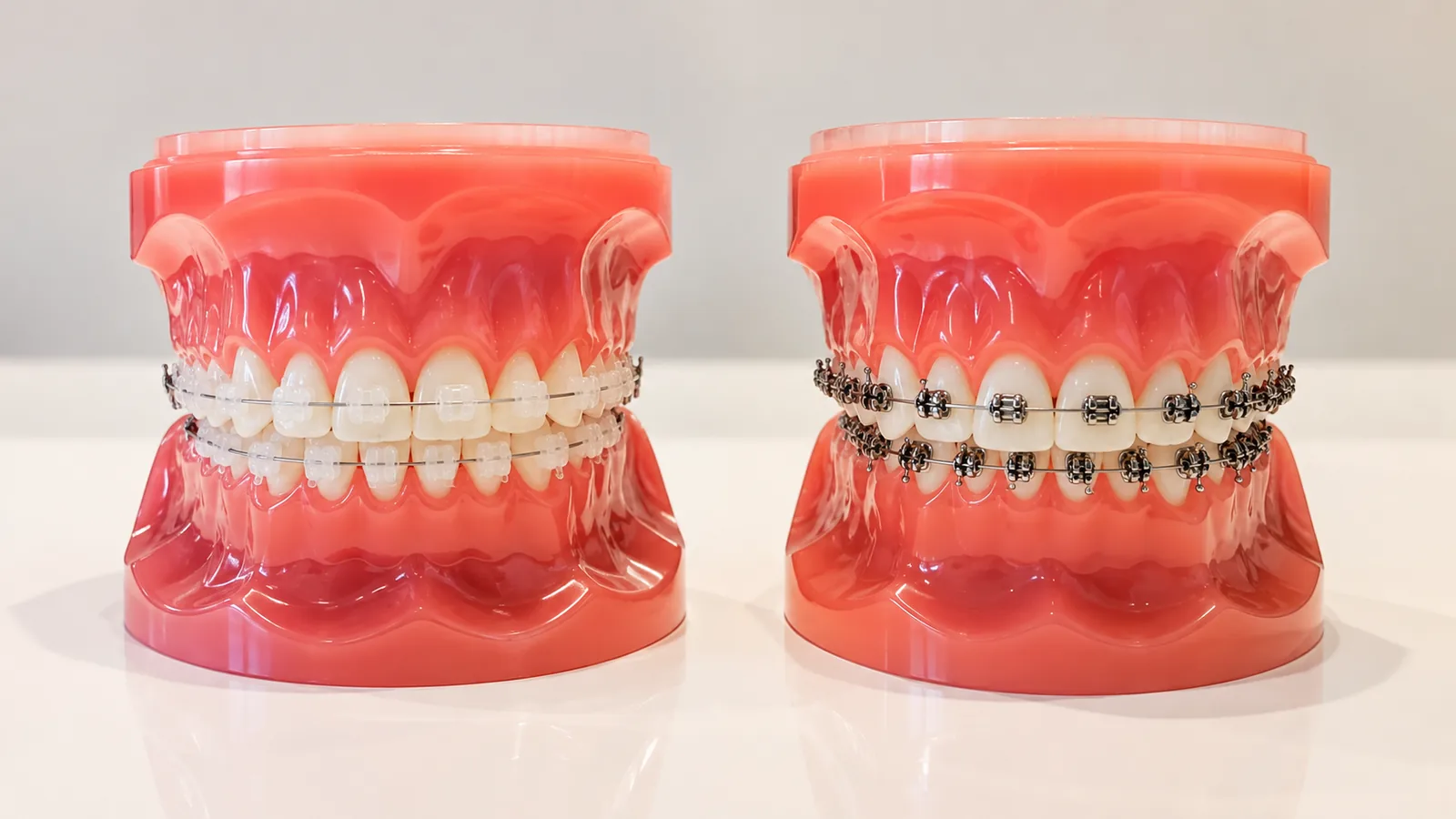 Bagues céramiques ou métalliques à Nanterre : à gauche des attaches céramiques translucides, à droite des attaches métalliques