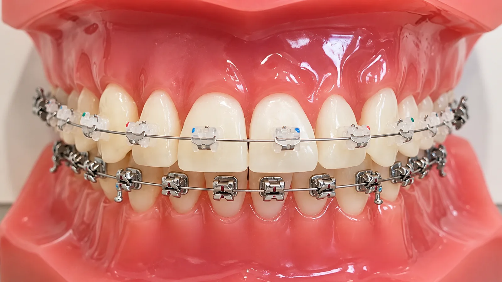 Bagues céramiques sur les dents du haut et bagues métalliques sur les dents du bas : la différence en un coup d'œil