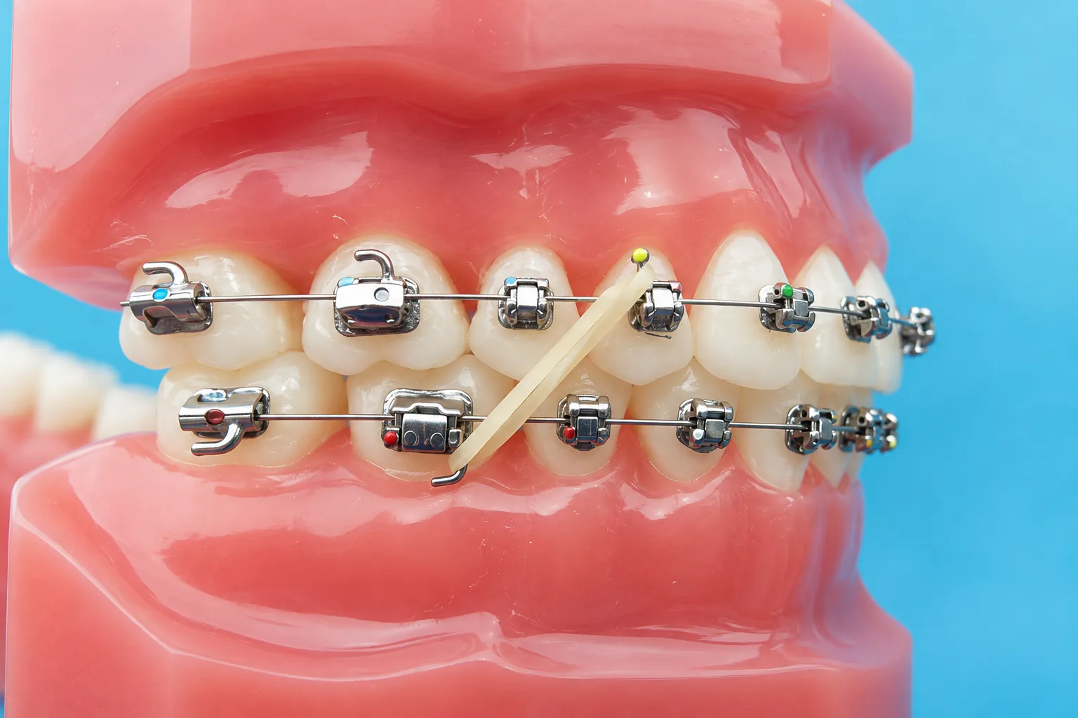 Élastique orthodontique accroché entre les attaches du haut et du bas d'un appareil multi-attaches, sur un modèle